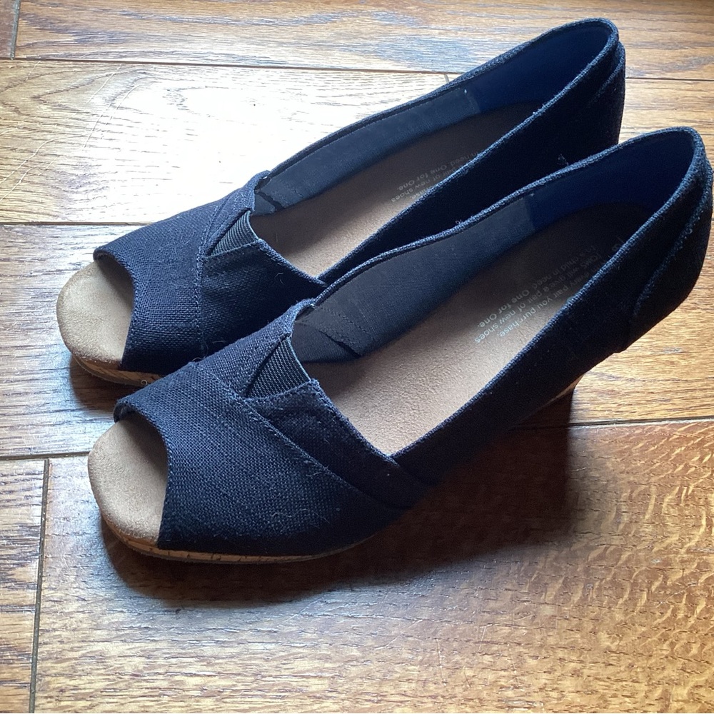 TOMS Classic open toe Espadrille cork Wedge Sandals black Size 8